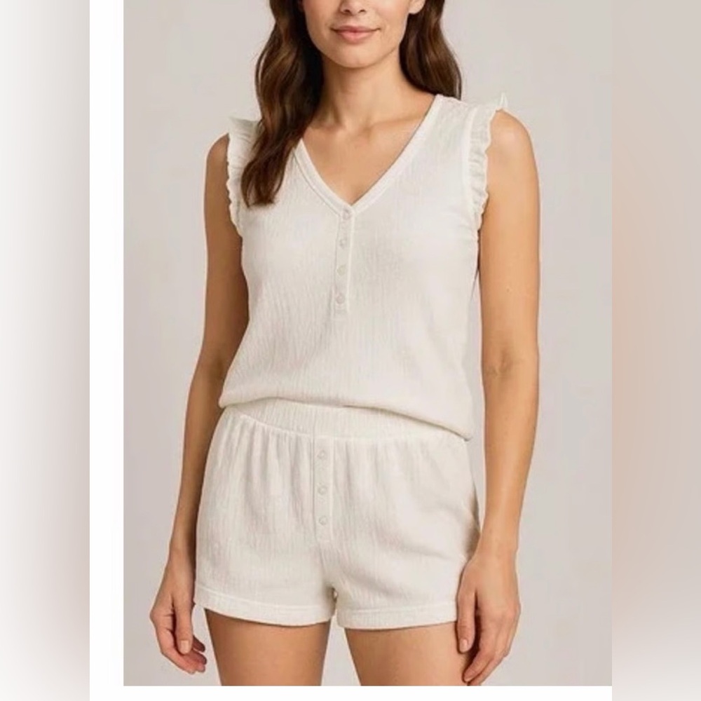 Women’s Cream Ruffle-Trim Sleep Set - Sleeveless Top & Shorts